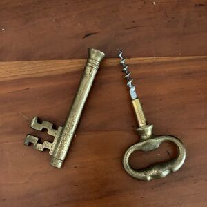 1930’s Vintage Brass Key-Shaped Corkscrew and Decorative Key
